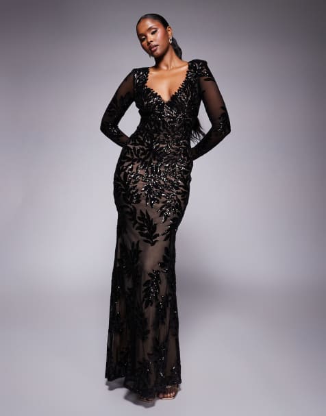 Goddiva Long sleeve sequin leaf long sleeve maxi dress in black