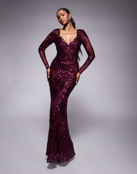 Goddiva Long sleeve sequin leaf long sleeve maxi dress in burgundy - view 1