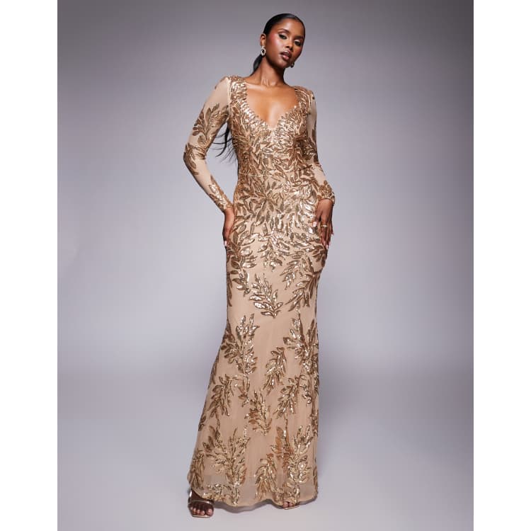 Goddiva Long sleeve sequin leaf long sleeve maxi dress in gold | ASOS