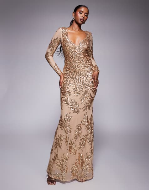Goddiva Long sleeve sequin leaf long sleeve maxi dress in gold