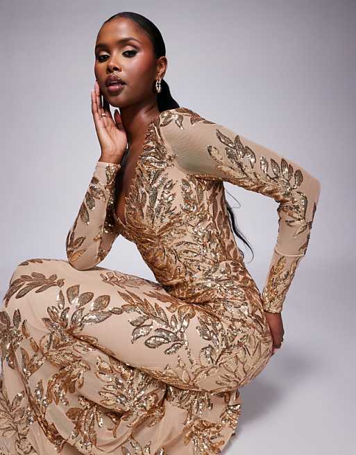 gold sparkly dress long sleeve in Sequin You can always share your bust/waist/hip measurements along with your height and weight and ask for size recommendation Goddiva Long sleeve sequin leaf