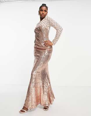 Goddiva long sleeved sequin maxi dress with fishtail in champagne