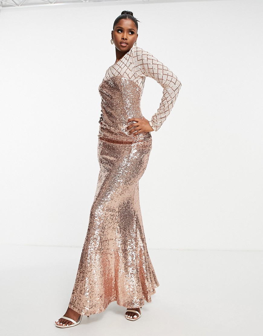 Goddiva Long Sleeved Sequin Maxi Dress With Fishtail In Champagne-pink