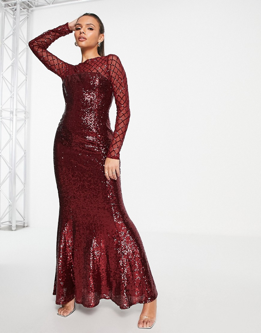 Goddiva long sleeved sequin maxi dress with fishtail in wine-Red