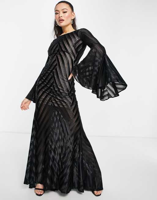 Goddiva maxi dress with drama sleeve in black , 2 of 4