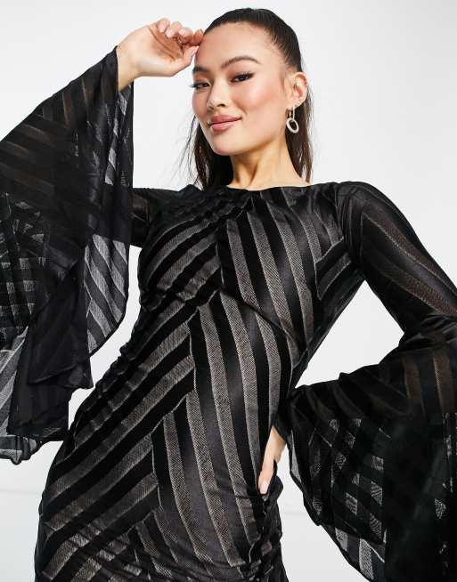 Goddiva maxi dress with drama sleeve in black , 3 of 4