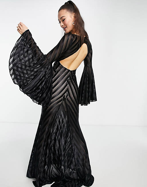 Goddiva maxi dress with sleeve drama in black 