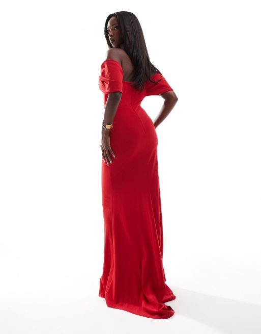 Goddiva - Maxi-jurk met blote schouders en gedrapeerde mouwen in rood, 2 van 4