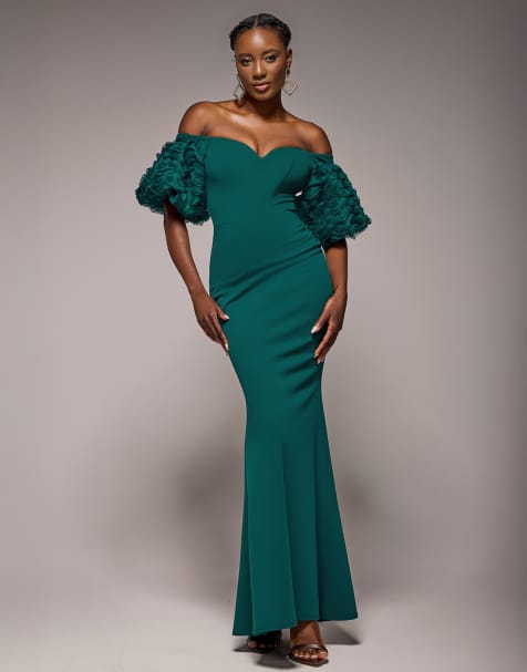 Goddiva - Maxi jurk met blote schouders, hartvormige halslijn en pofmouwen met 3D-effect in smaragdgroen - view 1