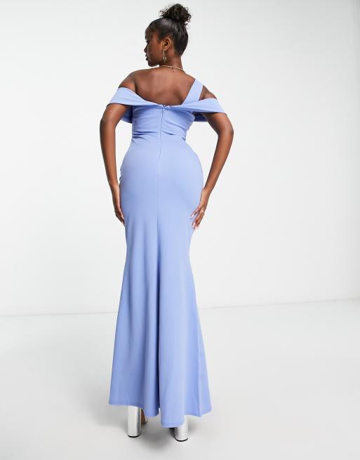 Goddiva - Maxi-jurk met fishtail en bardot-halslijn in poederblauw, 3 van 4