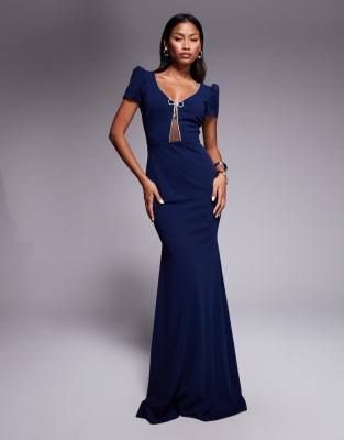 Goddiva - Maxikleid aus neoprenartigem Krepp-Material in Marineblau mit Strassverzierung und Zierschleife