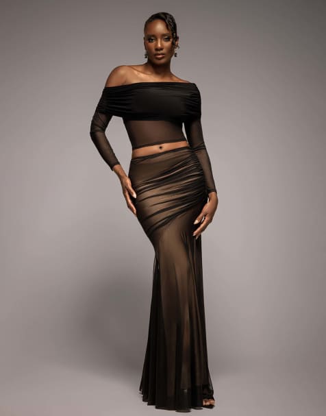 Goddiva Mesh gathered mermaid maxi skirt in black