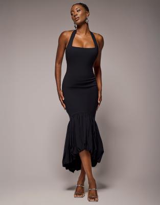 Goddiva - Midaxi-Kleid in Schwarz mit Neckholder, Meerjungfrauenschnitt und bauschigem Saum