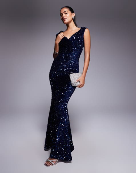 Goddiva Multi sequin & velvet bardot maxi dress in navy