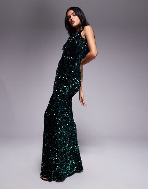 Goddiva Multi sequin & velvet bardot maxi in emeraldgreen