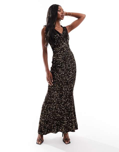 Goddiva Multi sequin & velvet bardot maxi in gold - view 1