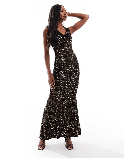 Goddiva off shoulder bardot placement lace maxi dress in black and gold best sale