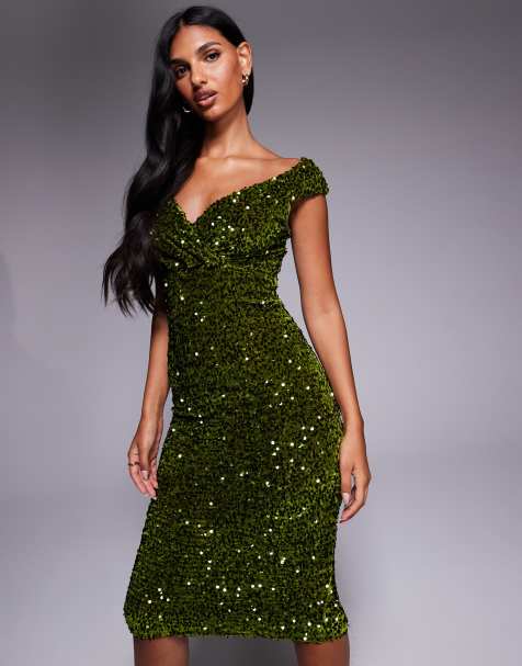Goddiva Multi sequin & velvet bardot midi dress in olive