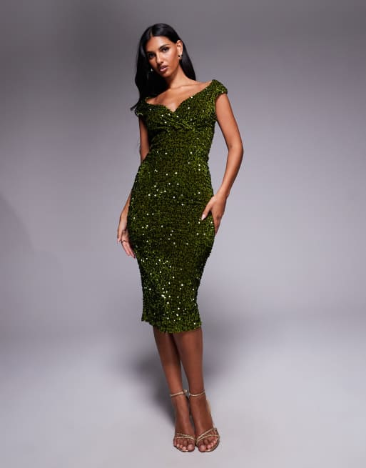 green velvet bardot dress Candela Bottle Green Velvet Asymmetric Bardot Maxi Dress – Club L London