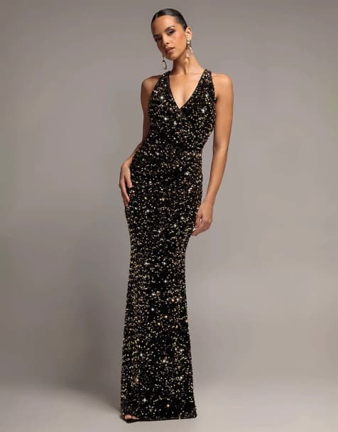 Goddiva Multi sequin & velvet v neck cross back maxi dress in gold