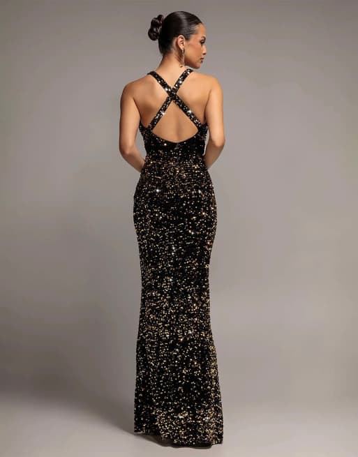 Goddiva Multi sequin & velvet v neck cross back maxi dress in gold, 2 of 4