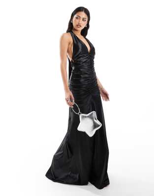 Goddiva Multitied satin gathered ring maxi dress in black