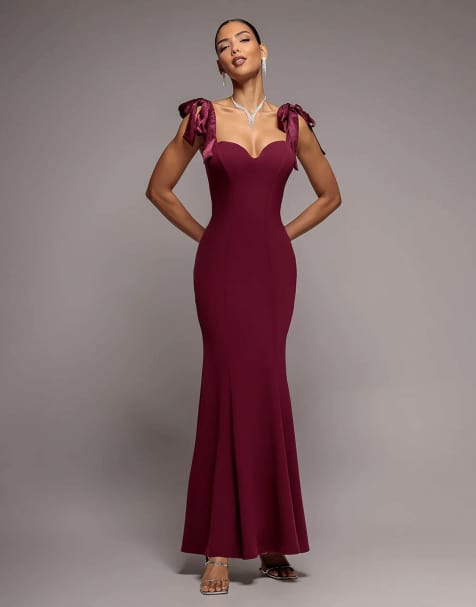 Goddiva Multiway bow velvet satin sweetheart maxi dress in burgundy - view 1