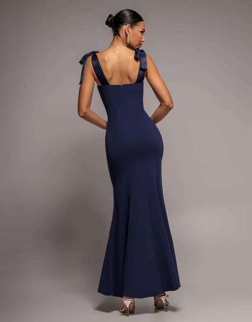 Goddiva Multiway bow velvet satin sweetheart maxi dress in navy, 3 of 4