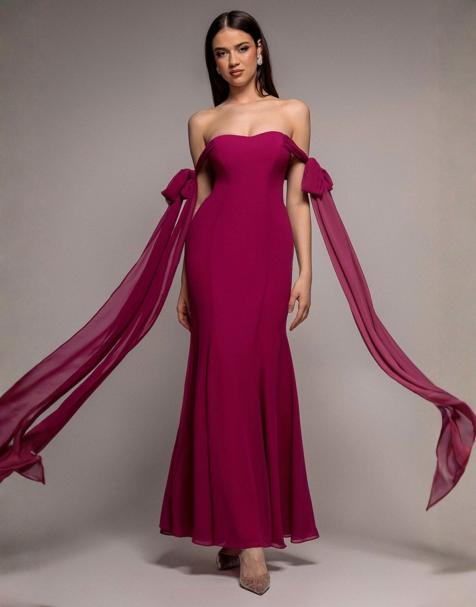 Goddiva Multiway cape chiffon sweetheart maxi dress in magenta