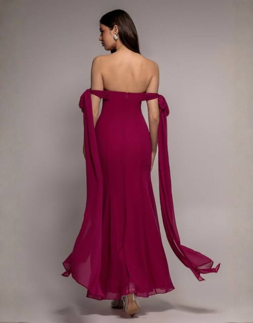 Goddiva Multiway cape chiffon sweetheart maxi dress in magenta, 2 of 4