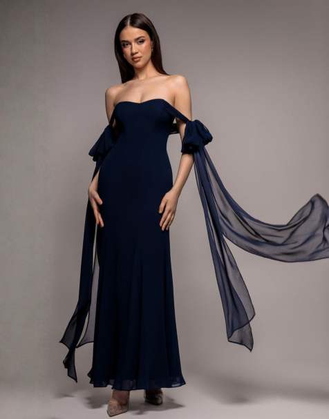Goddiva Multiway cape chiffon sweetheart maxi dress in navy - view 1