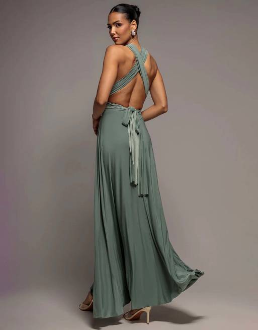 Goddiva Multiway tie-up maxi dress in darksage, 2 of 4