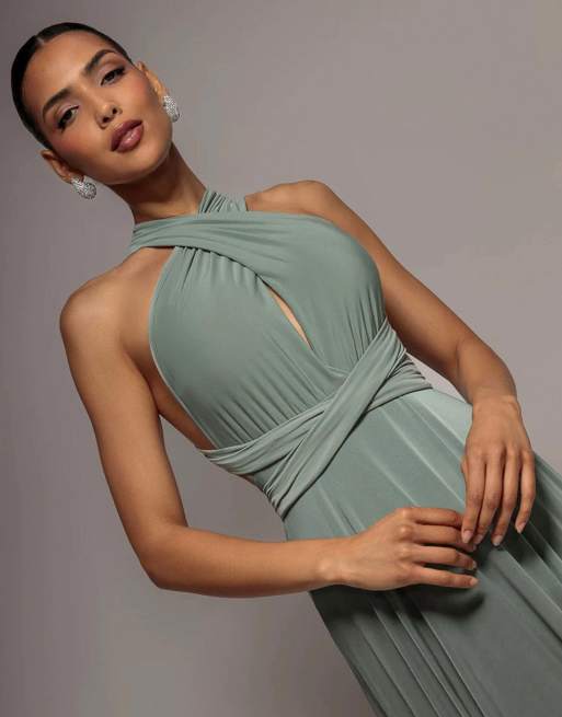 Goddiva Multiway tie-up maxi dress in darksage, 3 of 4