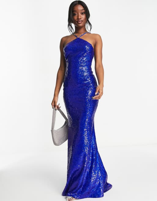Goddiva – Neckholder-Maxikleid mit Riemchendesign und Pailletten in Royalblau, 3 von 4