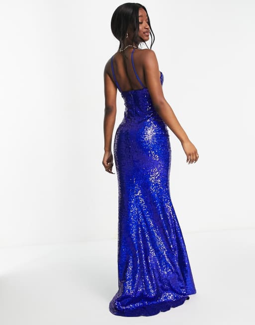 Goddiva – Neckholder-Maxikleid mit Riemchendesign und Pailletten in Royalblau, 4 von 4