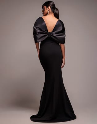 Goddiva Off shoulder back satin bow maxi dress in black