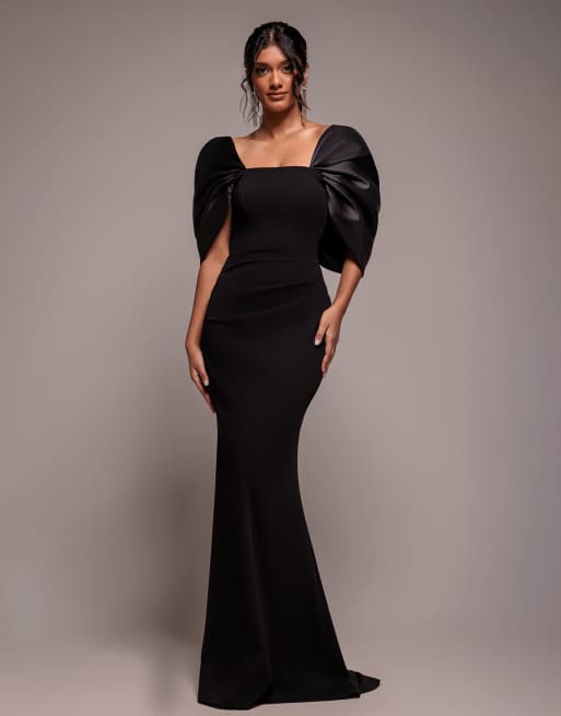 Goddiva Off shoulder back satin bow  maxi dress in black, 3 of 4