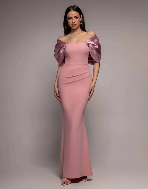 Goddiva Off shoulder back satin bow  maxi dress in blush - view 1