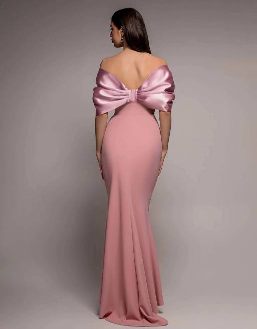 Goddiva Off shoulder back satin bow  maxi dress in blush, 2 of 4