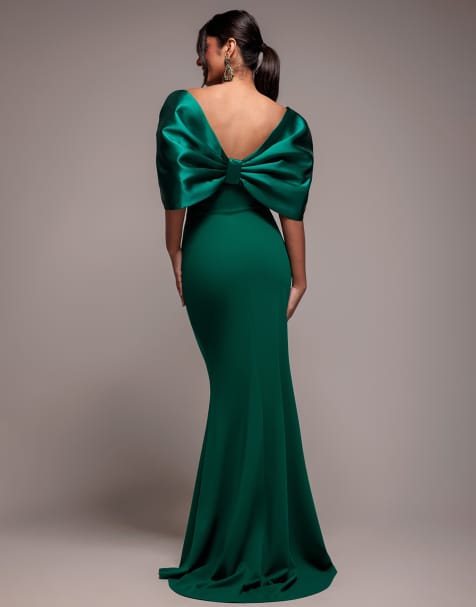 Goddiva Off shoulder back satin bow  maxi dress in emerald
