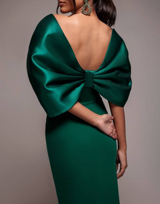 Goddiva Off shoulder back satin bow  maxi dress in emerald, 2 of 3