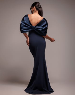 Goddiva Off shoulder back satin bow maxi dress in navyblue