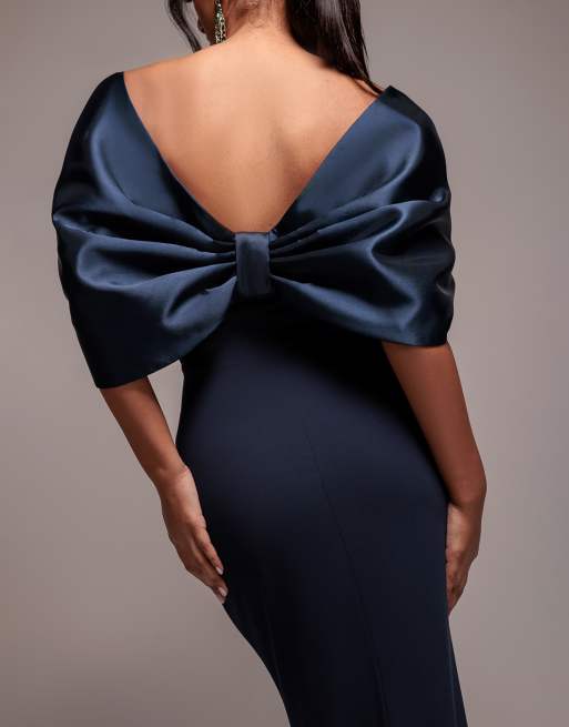 Goddiva Off shoulder back satin bow  maxi dress in navyblue, 2 of 4