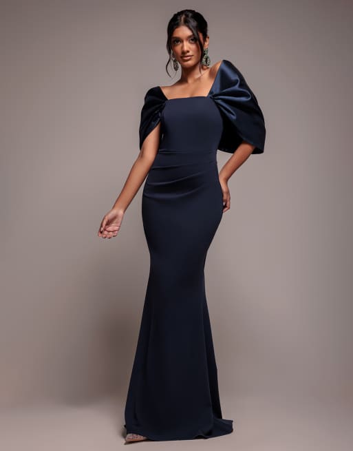 Goddiva Off shoulder back satin bow  maxi dress in navyblue, 4 of 4