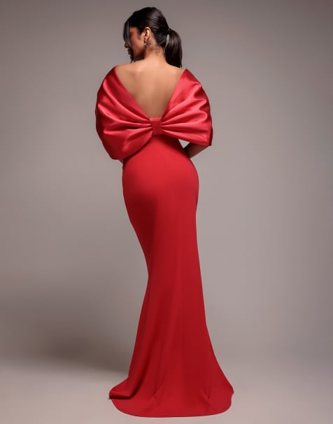 Goddiva Off shoulder back satin bow  maxi dress in red - view 1