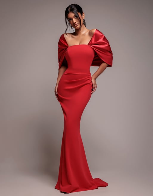 Goddiva Off shoulder back satin bow  maxi dress in red, 4 of 4