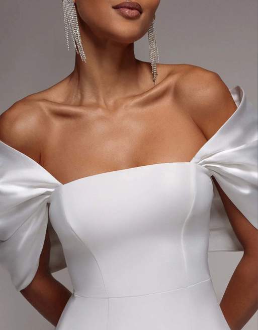 Goddiva Off shoulder back satin bow mini dress in white, 2 of 4