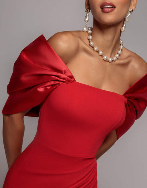 Goddiva Off shoulder back satin bow wrap crepe midi dress in red, 3 of 4
