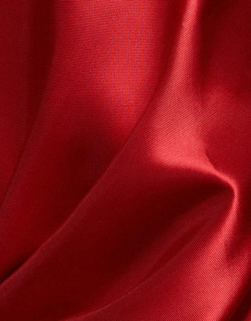 Goddiva Off shoulder back satin bow wrap crepe midi dress in red, 4 of 4