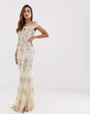 goddiva off shoulder bardot placement lace maxi dress in blush and gold